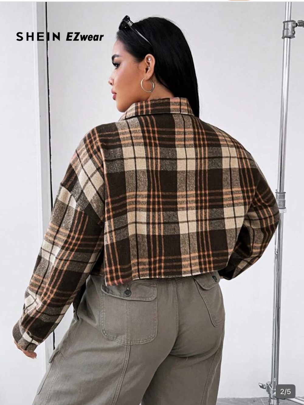 Cropped Plaid Button-Up Shacket - Picture 2 of 8